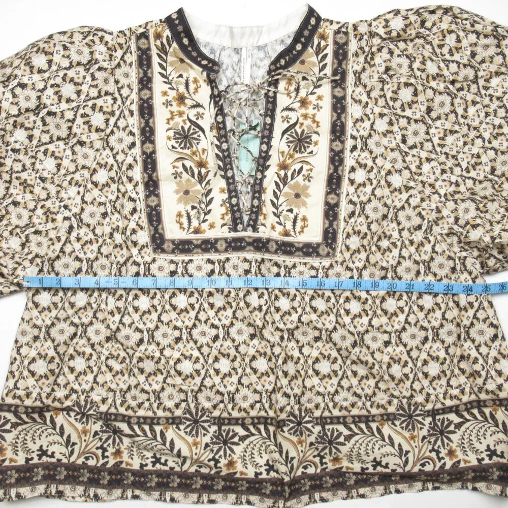 By Anthropologie Pleated Puff-Sleeve Blouse Black Motif 3X